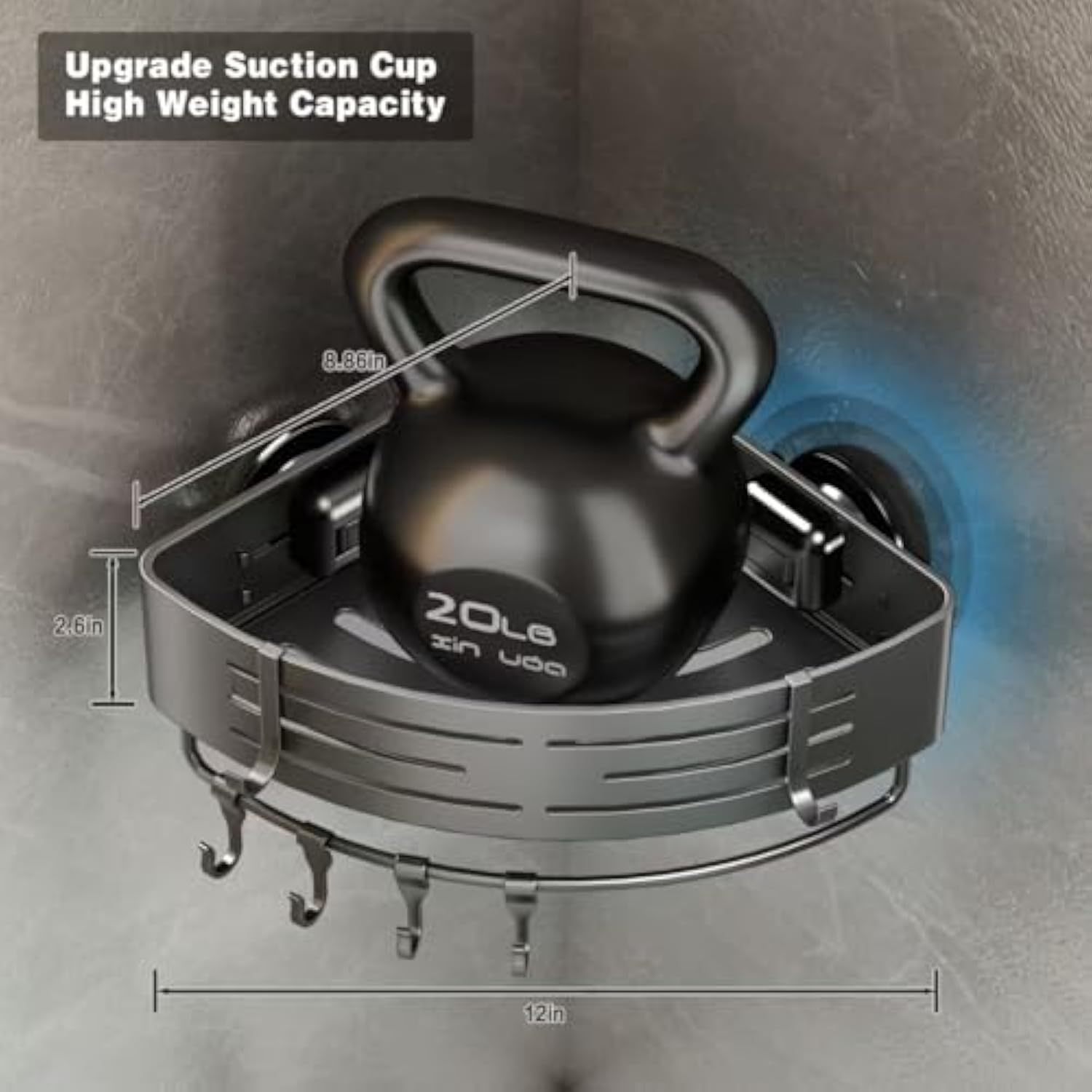 Voldra Corner Shower Caddy Suction Cup, 2 Pack Corner Shower Shelves No Drilling, Aluminum Upgrade Suction Cup Shower Organizer with Towel Bar & Hooks Removable Bathroom Storage Rack(Gray)