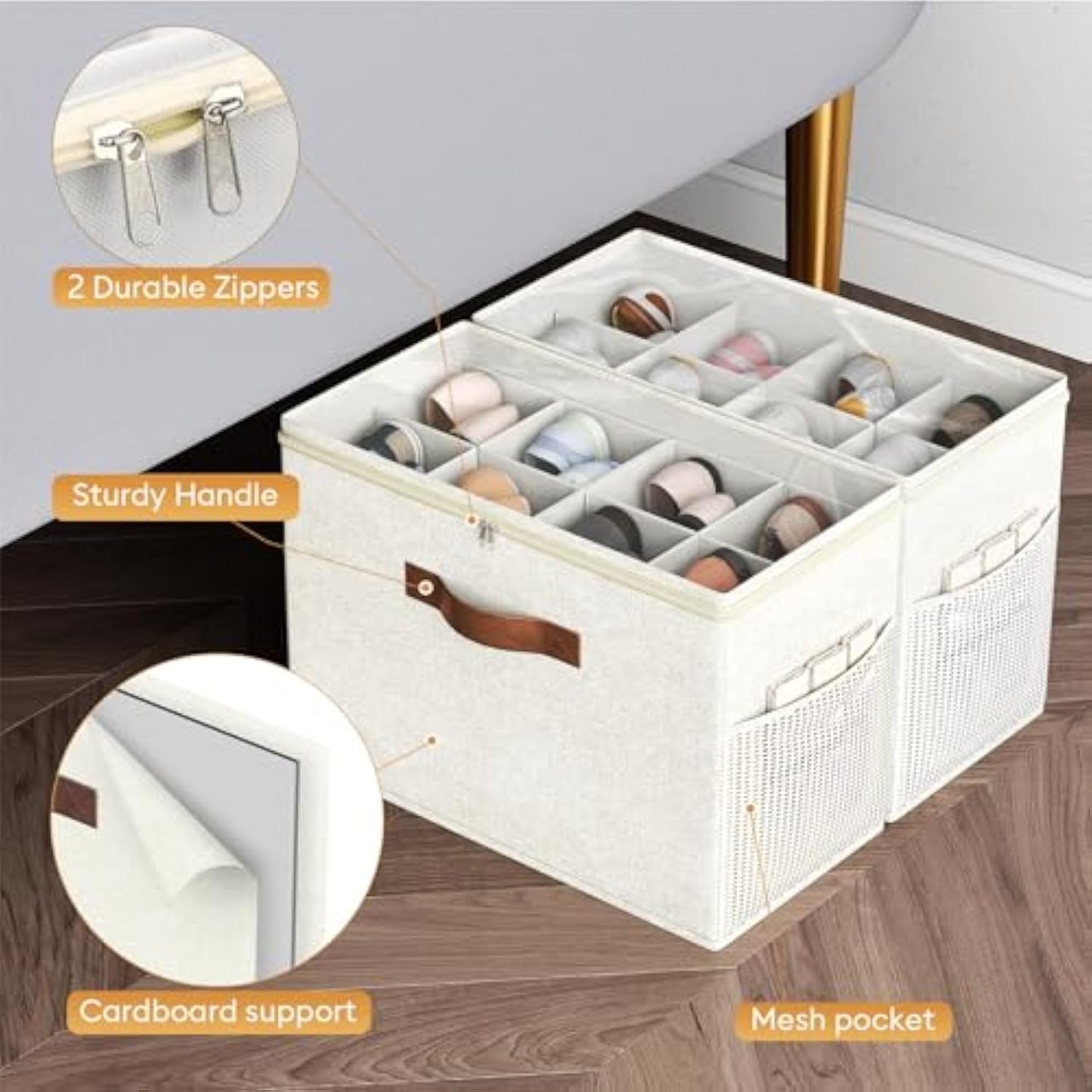 2 Pack Shoe Organizer for Closet, Clear Foldable Shoe Storage Containers Adjustable Dividers Fits 16 Pairs,Shoe Storage Bins Baskets Boxes with Reinforced Handles Beige