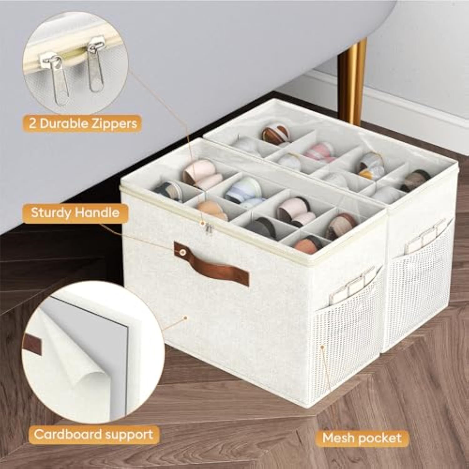 2 Pack Shoe Organizer for Closet, Clear Foldable Shoe Storage Containers Adjustable Dividers Fits 16 Pairs,Shoe Storage Bins Baskets Boxes with Reinforced Handles Beige