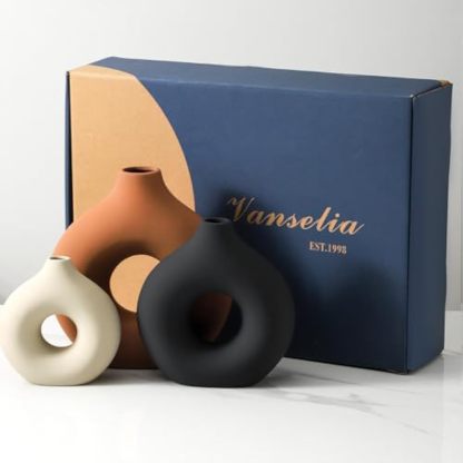 Ceramic Vase Home Table Decor - Flower Vases Set of 3 Small Living Room Centerpiece Decorations for Shelf Bedroom Office Kitchen Dining Desk Modern Aesthetic Farmhouse Decorative (Rust)