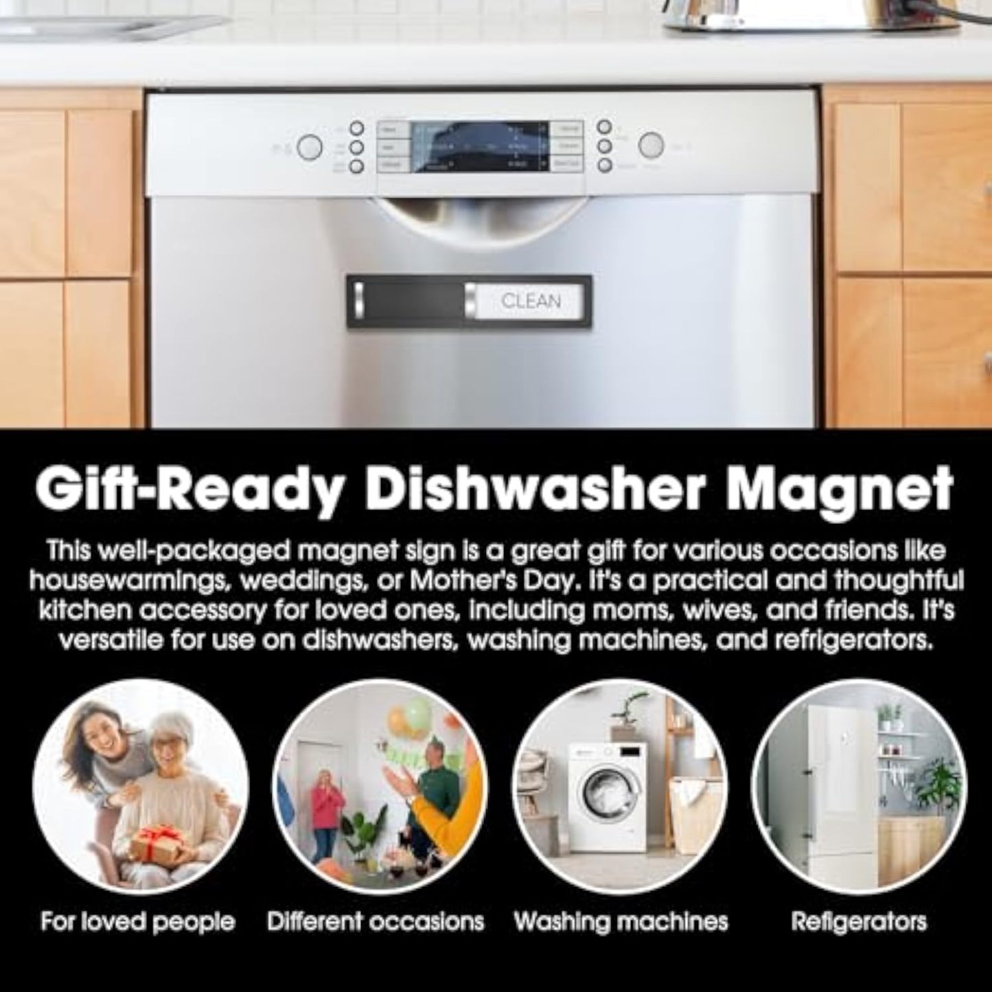 Dishwasher Magnet Clean Dirty Sign, HYF DESIGN Grade 304 Stainless Steel, Non-Scratch/Easy to Read & Slide/Strong Clean Dirty Magnet for Dishwasher, Extra Adhesive Tapes Included