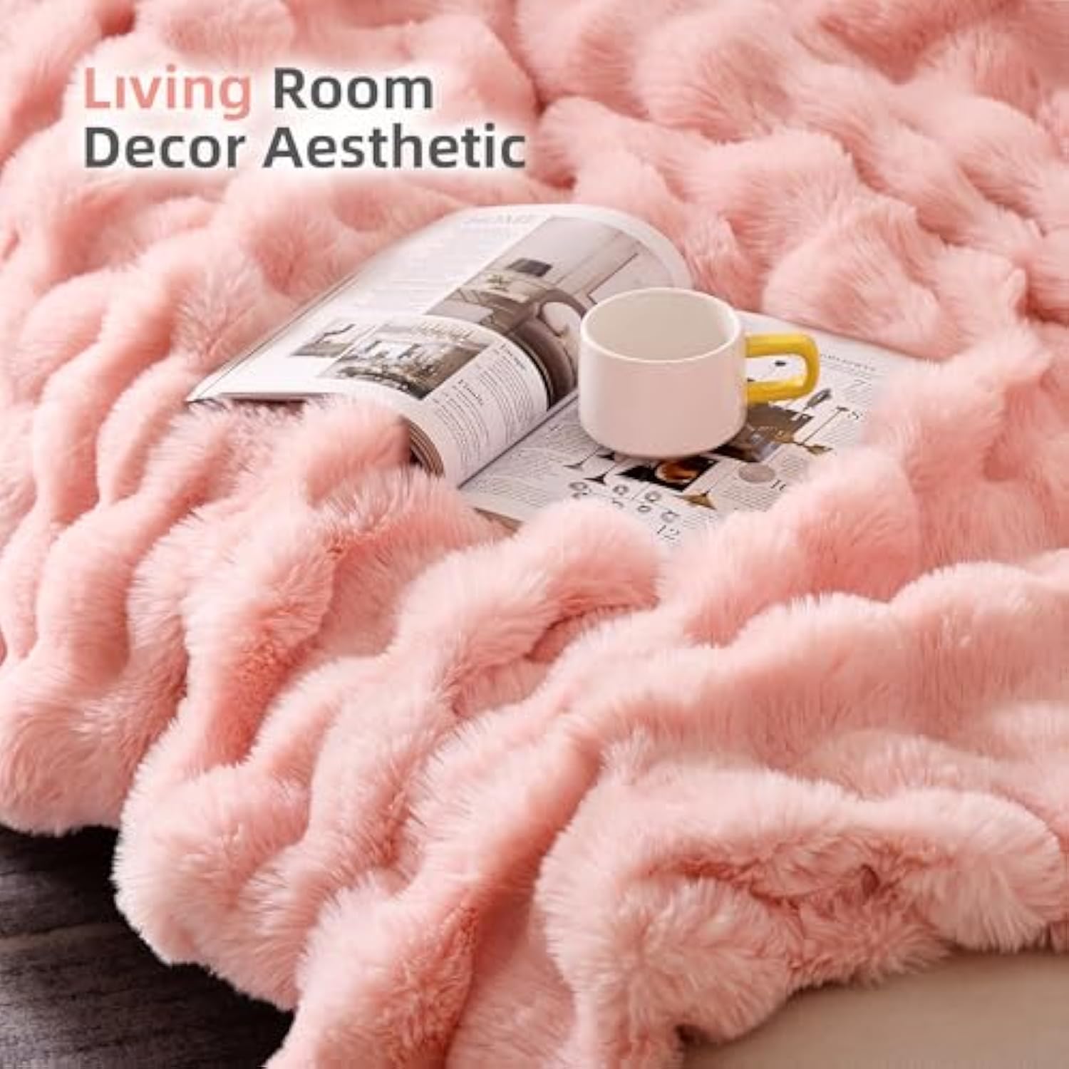 Faux Fur Throw Blanket for Couch – Blush Pink Fluffy Cozy Rabbit Fleece, Plush Soft Bubble Blanket for Sofa & Bed, for Mom, Warm Fuzzy Home Room Decor Throw 50" x 60"