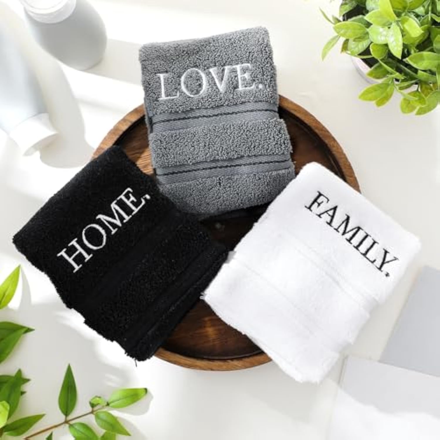3 Pcs Farmhouse Decorative Hand Towels for Bathroom and Kitchen Rustic Embroidered 100% Cotton Hand Towels Decorative Set for Boho Bathroom Decor(Home Love Family)