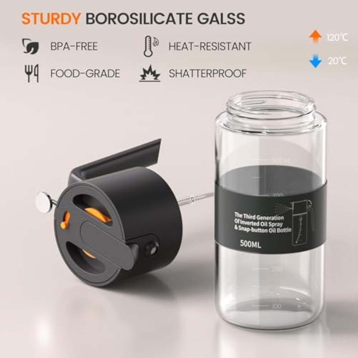 Oil Sprayer for Cooking, 2025 Large Advanced Olive Oil Dispenser Bottle,500ml/17oz Glass Olive Oil Sprayer,2 in 1 Even Spray with Portion Control for Kitchen, Air Fryer, Salad, BBQ - Black