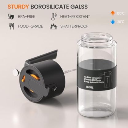 Oil Sprayer for Cooking, 2025 Large Advanced Olive Oil Dispenser Bottle,500ml/17oz Glass Olive Oil Sprayer,2 in 1 Even Spray with Portion Control for Kitchen, Air Fryer, Salad, BBQ - Black