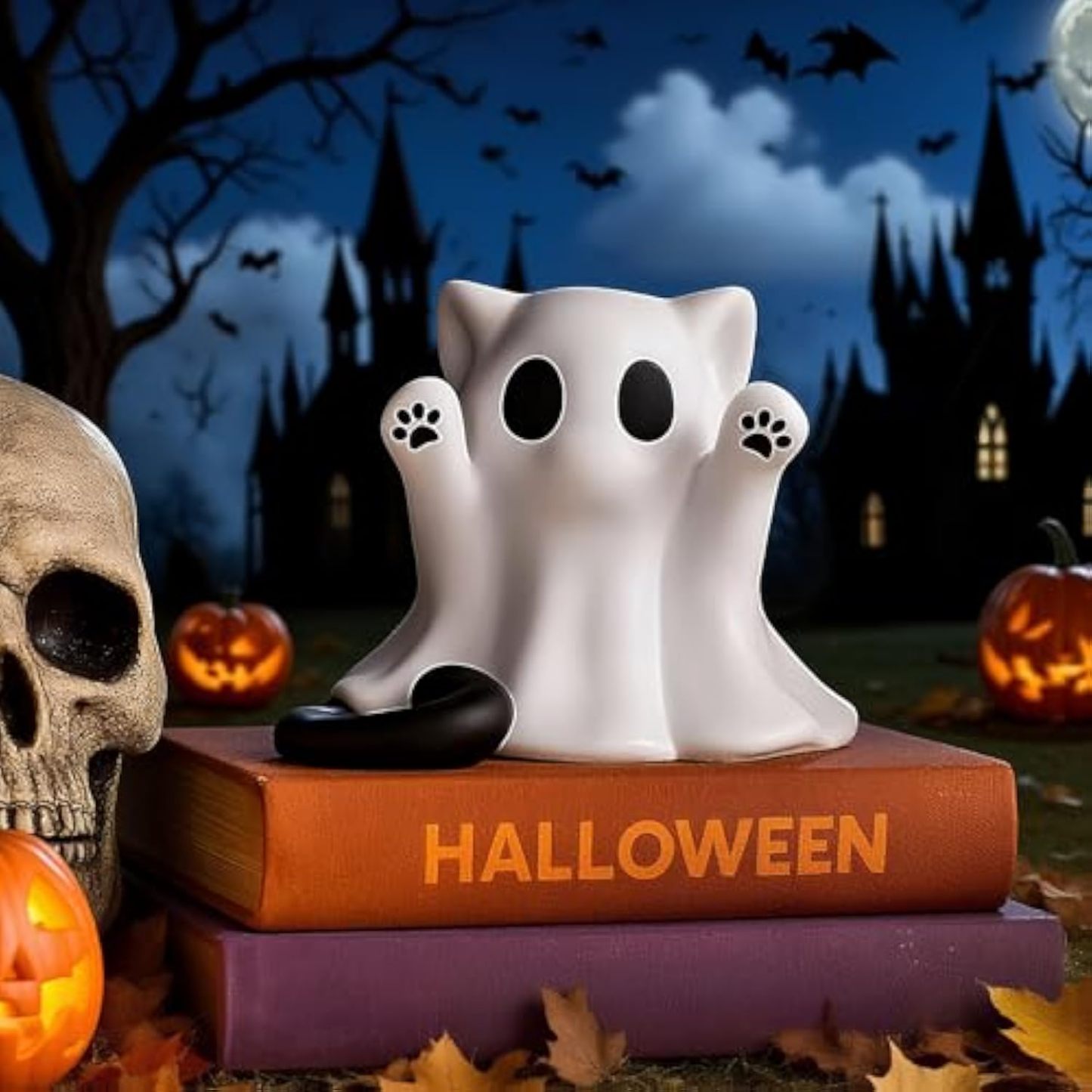 Halloween Ghost Statue, Cute Cat Ghost Figurines Ghost Desk Decor, Mini Halloween Decoration Statue, for Home and Office Desktop Decor Display Ornaments