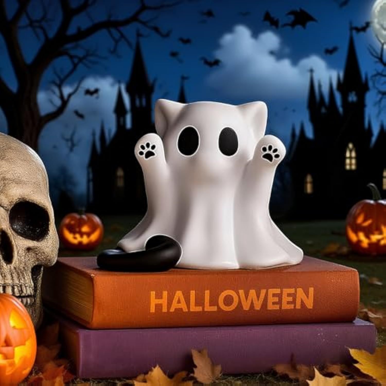 Halloween Ghost Statue, Cute Cat Ghost Figurines Ghost Desk Decor, Mini Halloween Decoration Statue, for Home and Office Desktop Decor Display Ornaments