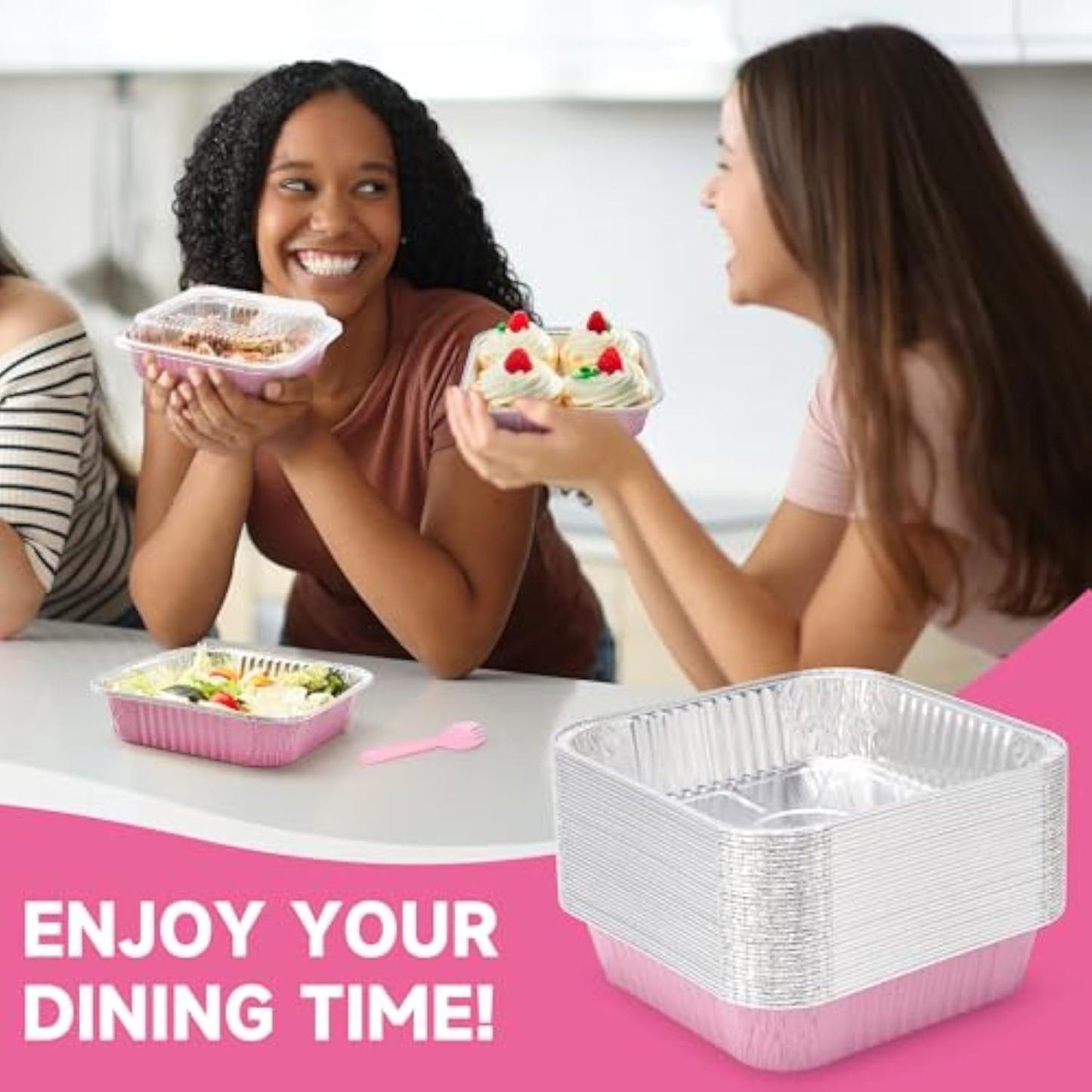 (35 Pack)Pink 8x8 Inch Disposable Aluminum Foil Pans&Square Cake Pans for Parties, Clear Plastic Lids,Eco-Friendly Baking Trays with Stickers&Cake Spoons,Picnics,Casseroles,Takeout,Recyclable Cookware