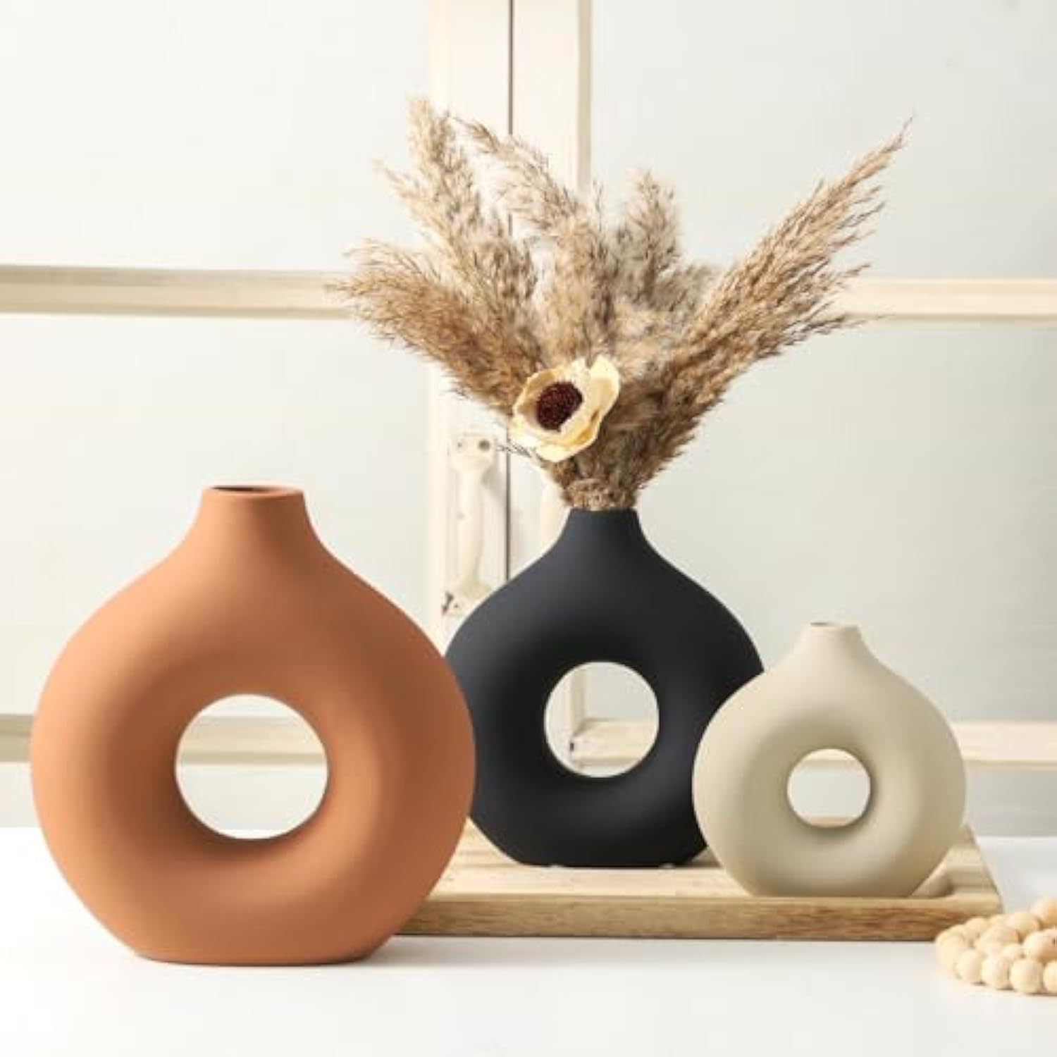 Ceramic Vase Home Table Decor - Flower Vases Set of 3 Small Living Room Centerpiece Decorations for Shelf Bedroom Office Kitchen Dining Desk Modern Aesthetic Farmhouse Decorative (Rust)