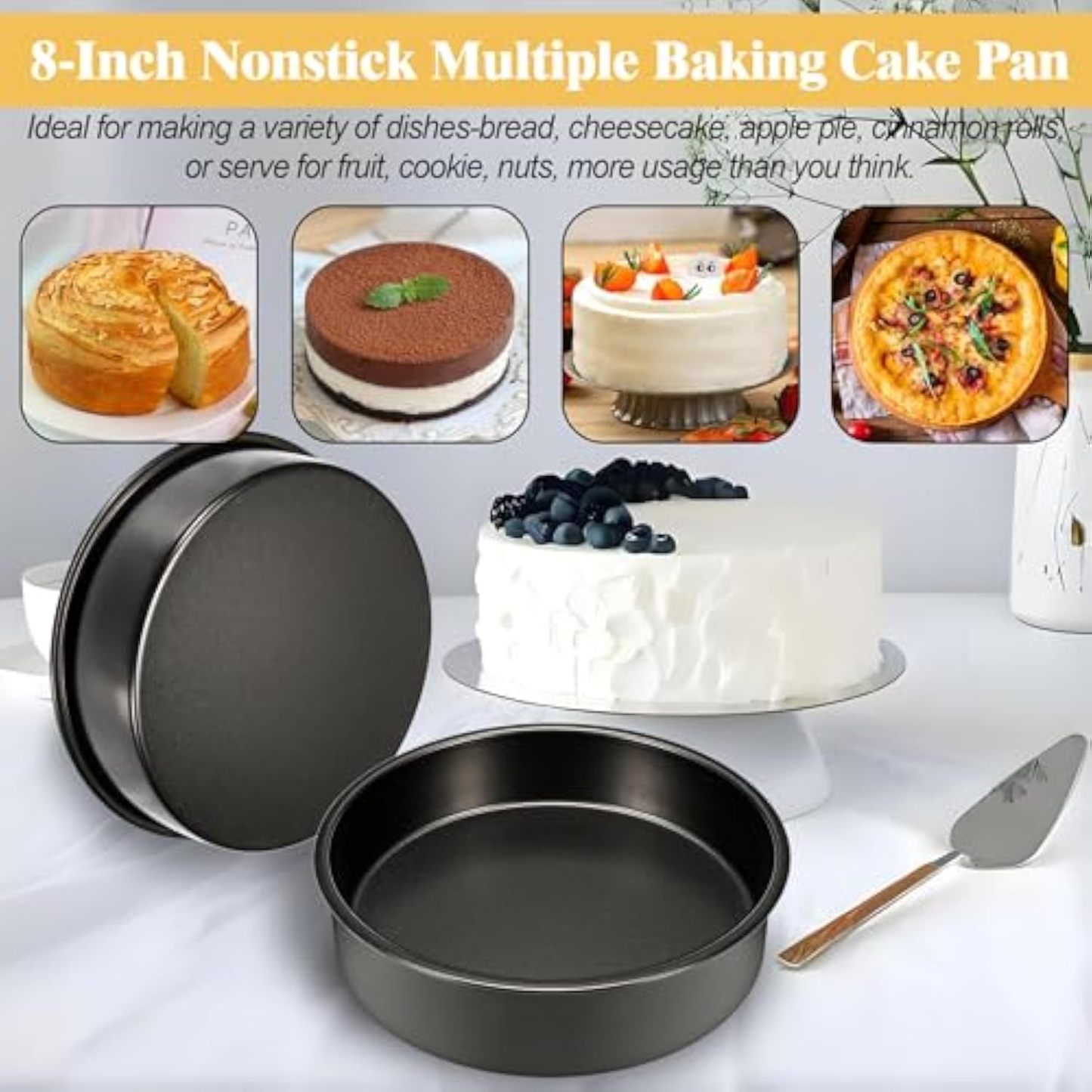 8 Inch Cake Pan Set of 3, Nonstick Baking Pans Set with 100PCS Pre-cut Parchment Paper for Layer Cakes, Durable Round Cake Pans Sets for Baking for Birthday Christmas, Dishwasher Safe