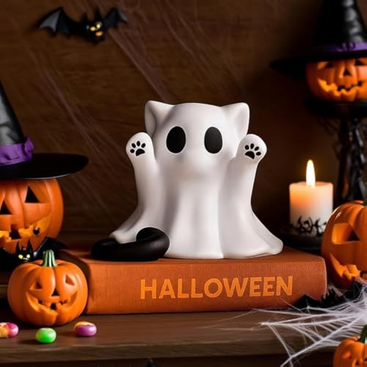 Halloween Ghost Statue, Cute Cat Ghost Figurines Ghost Desk Decor, Mini Halloween Decoration Statue, for Home and Office Desktop Decor Display Ornaments