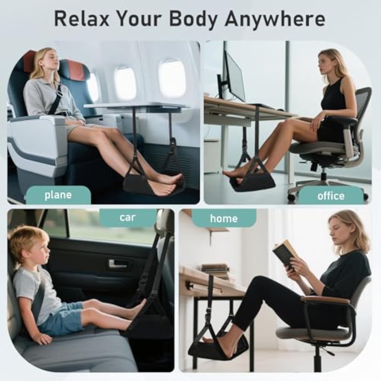 2-Pack Airplane Foot Hammock, Foot Rest for Plane Travel with Extended Adjustment Strap, Portable Desk Foot Hammock with Thickened Bamboo to Relax Your Feet, Foot Sling Travel Essentials