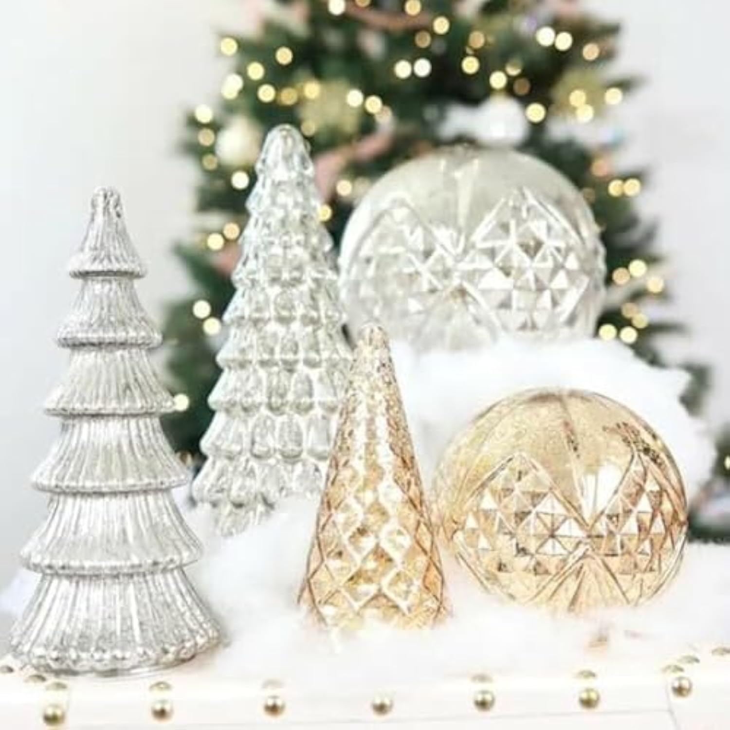 Set of 5 Illuminated Mercury Glass Trees - Upgrade Mercury Glass Christmas Trees with LED Lighted Tabletop Decor, Crackled Mercury GlassTrees for Xmas Home Party Centerpiece Tabletop Mantel (Silver)