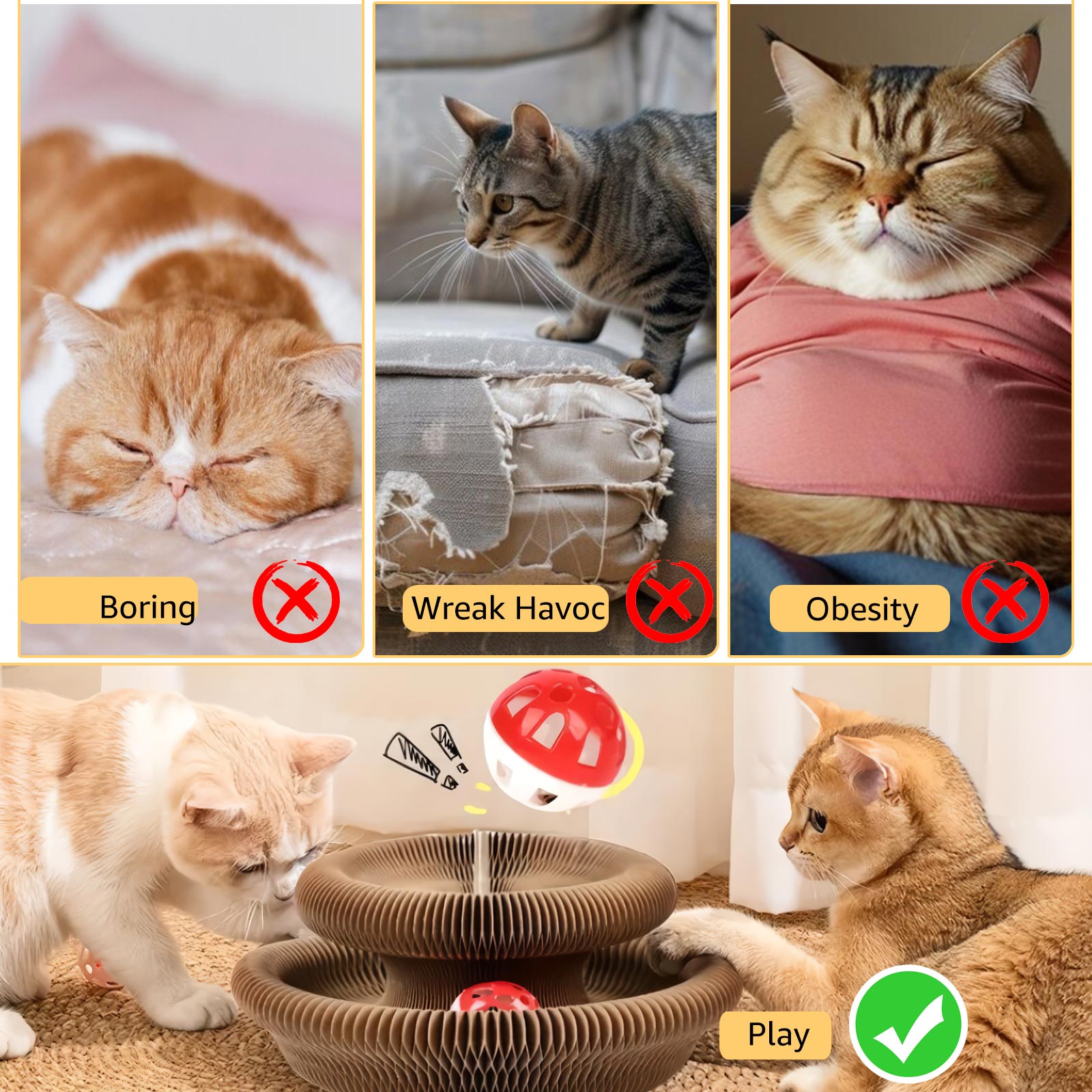 Magic Organ Cat Scratcher Toy,Accordion Cat Scratching Board with Ball, Foldable Interactive Funny Scratcher Pad for Indoor Cat