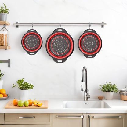 Collapsible Colander 3-Pack Set Space-Saving Foldable Kitchen Strainer with Non-Slip Base Durable Thickened PP+TPE Collapsible Strainers for Pasta, Vegetables, Fruits (Gray-White)