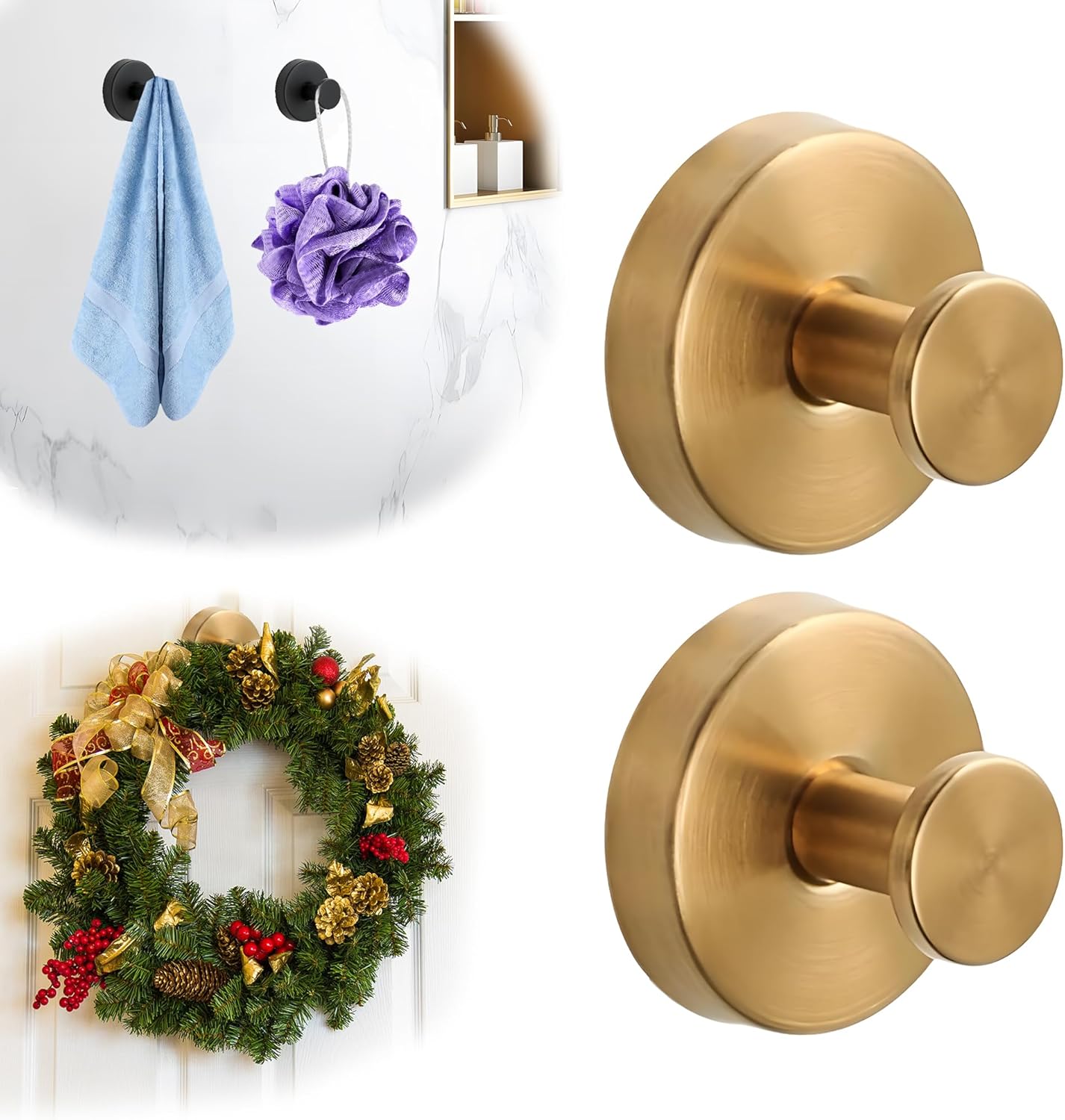 Suction Cup Hooks for Glass Window, Mirror, Wreaths - Shower Hooks for Inside Shower, No Drill Towel Hooks for Bathrooms, Bath Robe Coat Looafh Hook for Hanging - Silver(2 Pack)