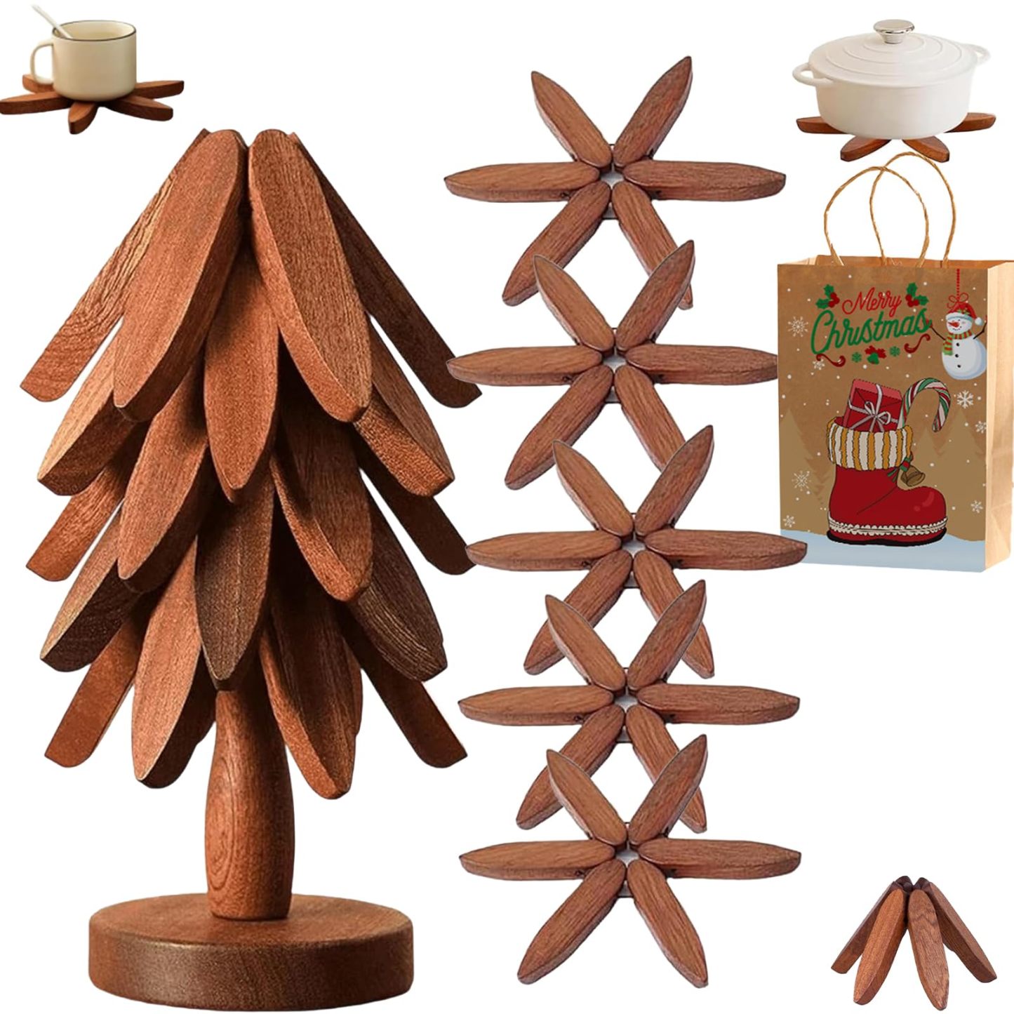 Walnut Wood Tree Trivet Set, Natural Tree Trivet Set - 4 Wooden Trivets & 1 Stand Like a Christmas, Foldable Kitchen Wooden,for Hotdishes Pot Bowl Teapot Hot Pot Holder (Walnut-C)