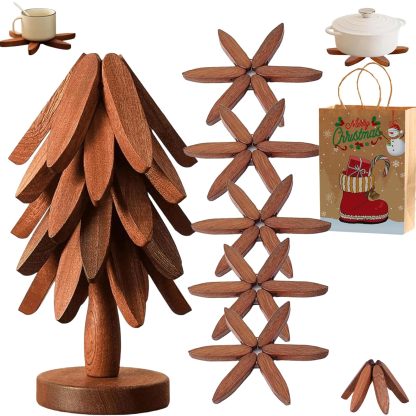 Walnut Wood Tree Trivet Set, Natural Tree Trivet Set - 4 Wooden Trivets & 1 Stand Like a Christmas, Foldable Kitchen Wooden,for Hotdishes Pot Bowl Teapot Hot Pot Holder (Walnut-C)