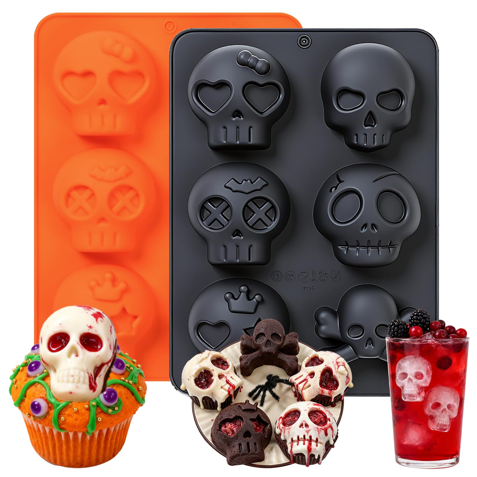 Halloween 2-Pack Skull Silicone Baking Molds Pan - 6-Cavity for Cakelet & Chocolate, BPA-Free Food Grade, Non-Stick Easy Release & Dishwasher Safe