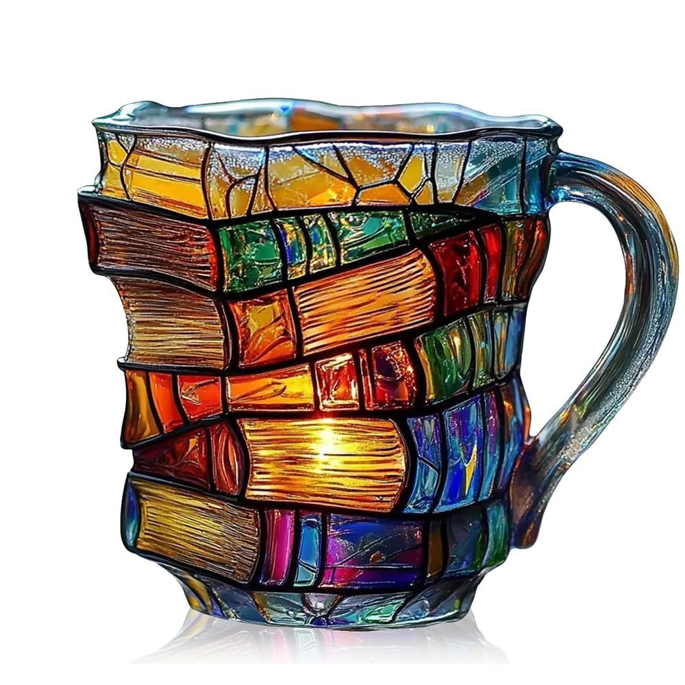 Painted Book Mug, Unique Colorful Resin Stacked Books Coffee Cup, A Collectible Gift for Readers, Librarians and Literature Lovers