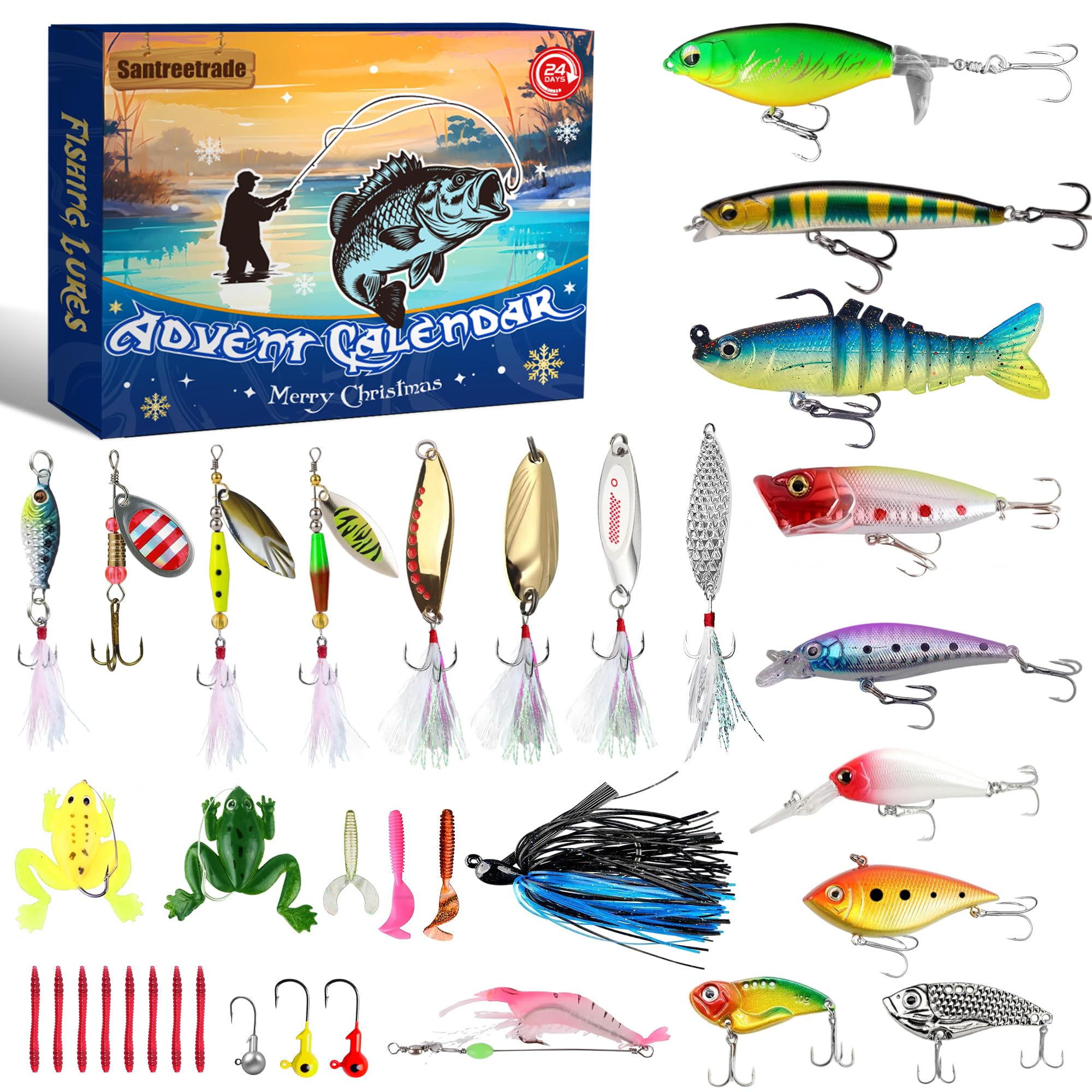 Fishing Advent Calendar 2025 for Adult Teen Boy Men - 24 Days Christmas Countdown Fishing Lure Tackle Kit for Bass Trout - Christmas Gift for Dad Husband Boyfriend Him Surprise