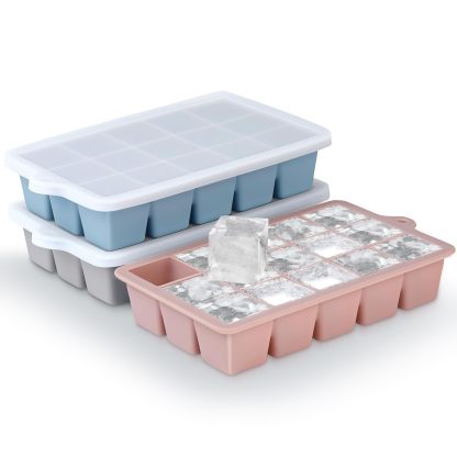 Silicone Ice Cube Trays 3Packs, Easy Release Ice Cube Molds with Lid, Freezer Stackable Ice Maker for Whiskey, Baby Food, BPA Free (Blue+Grey+Pink)