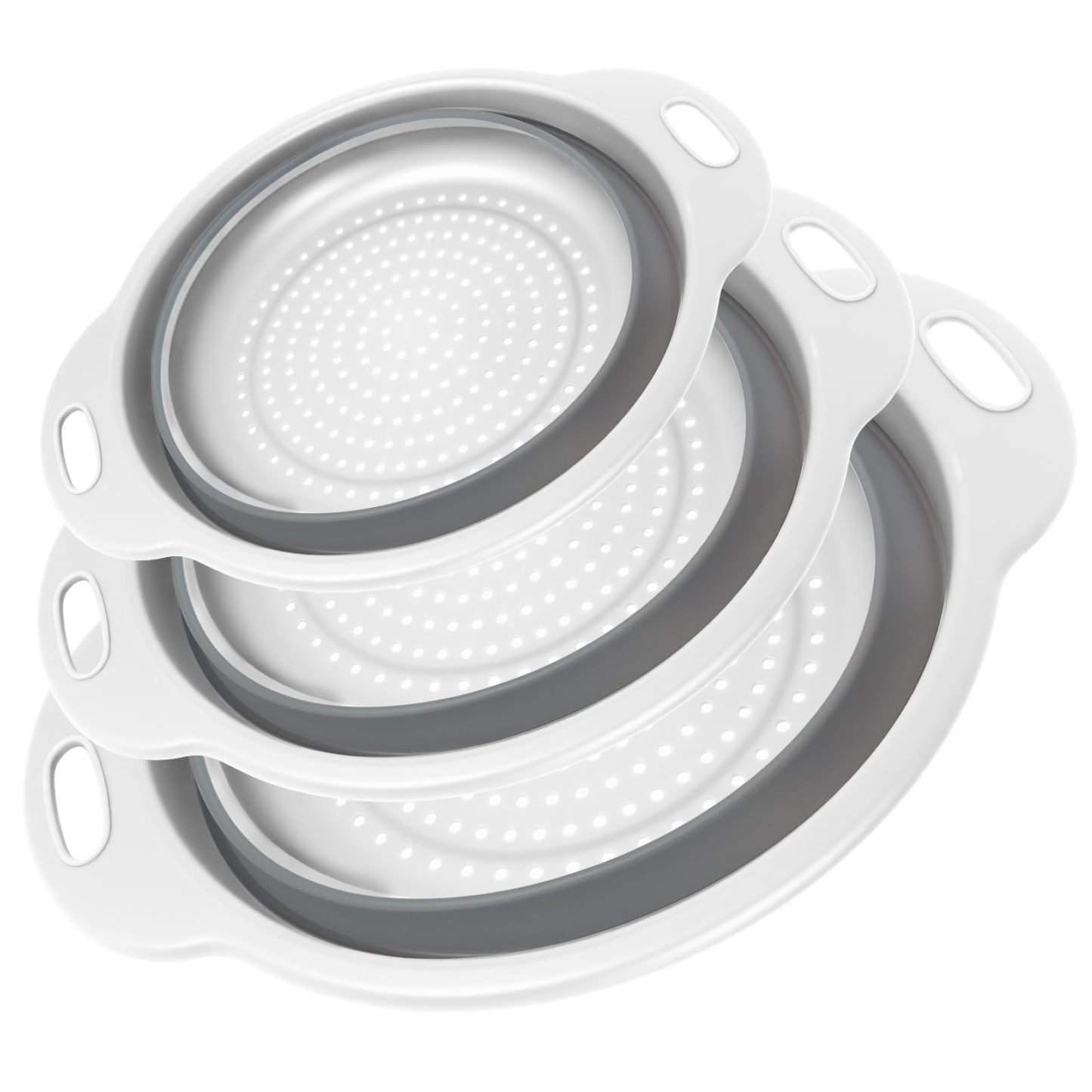 Collapsible Colander 3-Pack Set Space-Saving Foldable Kitchen Strainer with Non-Slip Base Durable Thickened PP+TPE Collapsible Strainers for Pasta, Vegetables, Fruits (Gray-White)