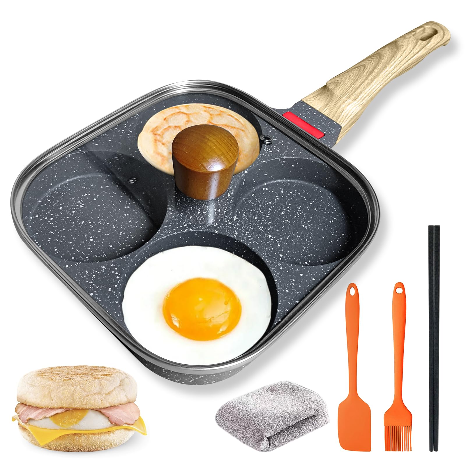 4‑Cup Nonstick Egg Pan Set with Lid – Aluminum Omelette Skillet for Breakfast, Includes Silicone Scraper, Oil Brush, Chopsticks & Cleaning Cloth – Compatible with Gas & Induction Cooktops