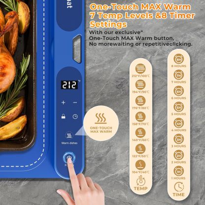 Warming Mat for Food Extra Large 32"x15", Electric Silicone Food Warmer Trays for Chafing Dishes & Buffet,Portable Countertop Food Warmers for Parties, 7-Level Temp 8-Hour Timer， Blue