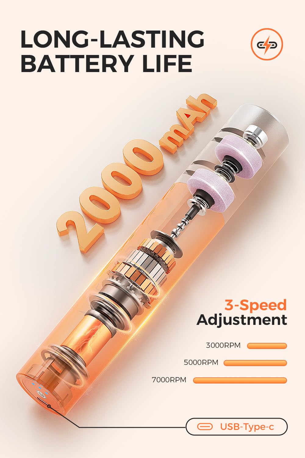 Electric Knife Sharpener, 3 Speed Max 7000RPM Handheld Sharpener for Kitchen Knives, the Electric Knife Sharpening Tool of Portable Cordless Rechargeable 2000mAh (Orange)