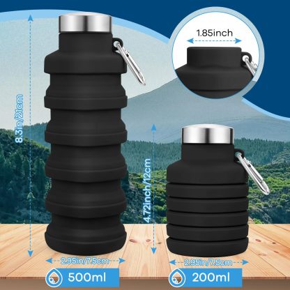 Collapsible Water Bottles 17oz, Portable Leak-Proof Travel Water Bottle, Reuseable BPA Free Silicone Foldable Water Bottle with Carabiner for Gym, Traveling, Camping, Hiking, Sports-Black