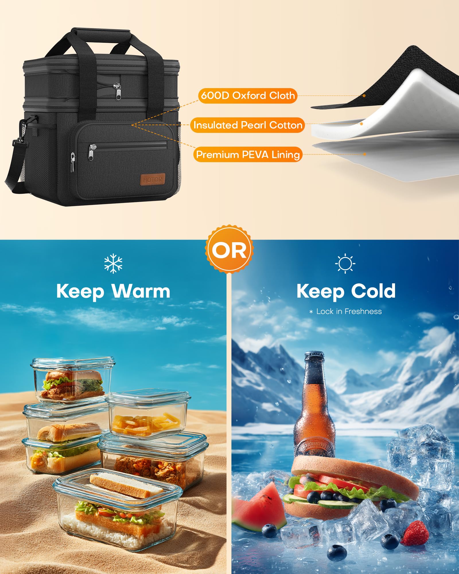 Lunch Box for Men & Women - Double-Layer Insulated Lunch Bag with Leakproof Liner, Portable Cooler for Work, Travel, or Picnic, Black, 12L