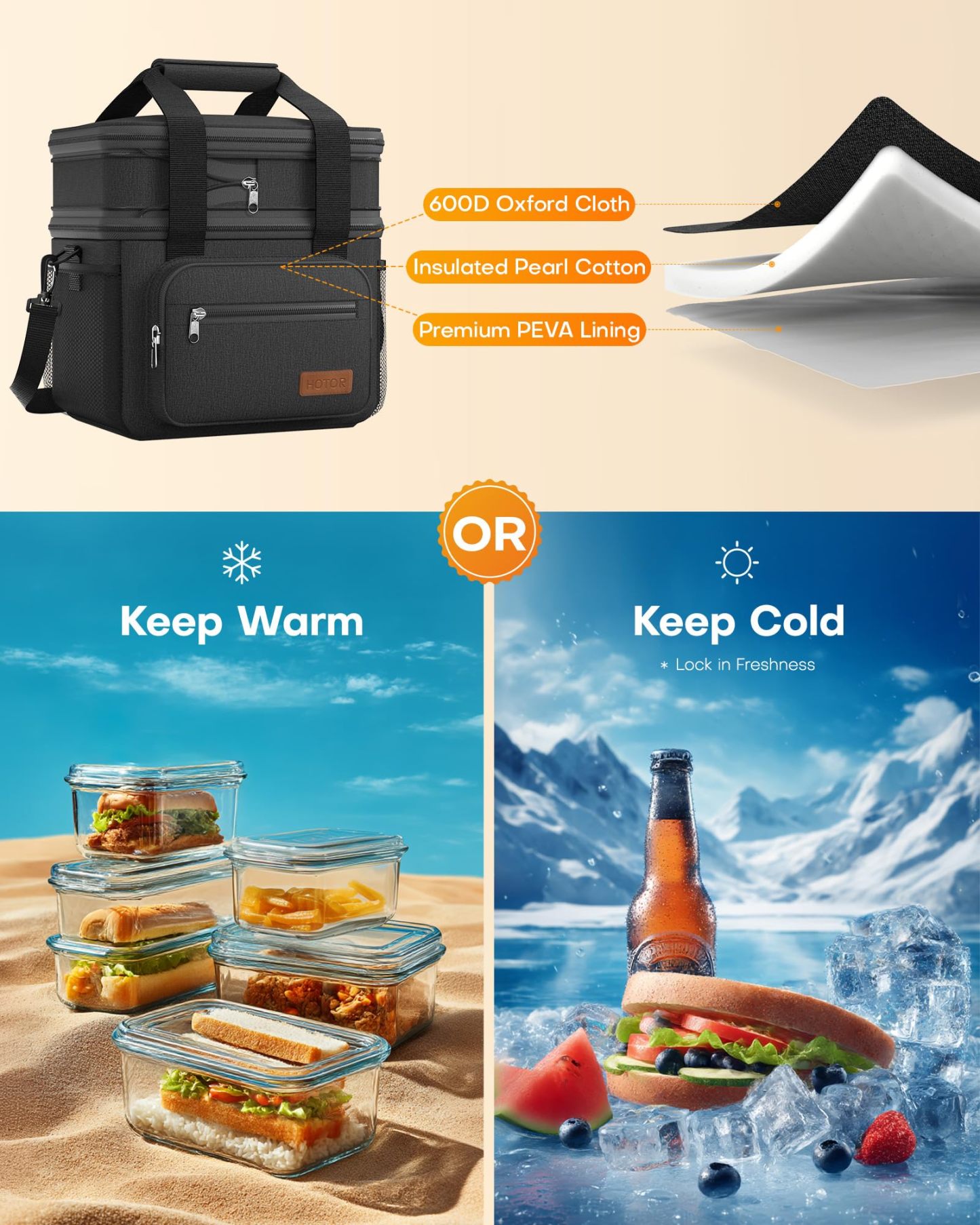 Lunch Box for Men & Women - Double-Layer Insulated Lunch Bag with Leakproof Liner, Portable Cooler for Work, Travel, or Picnic, Black, 12L