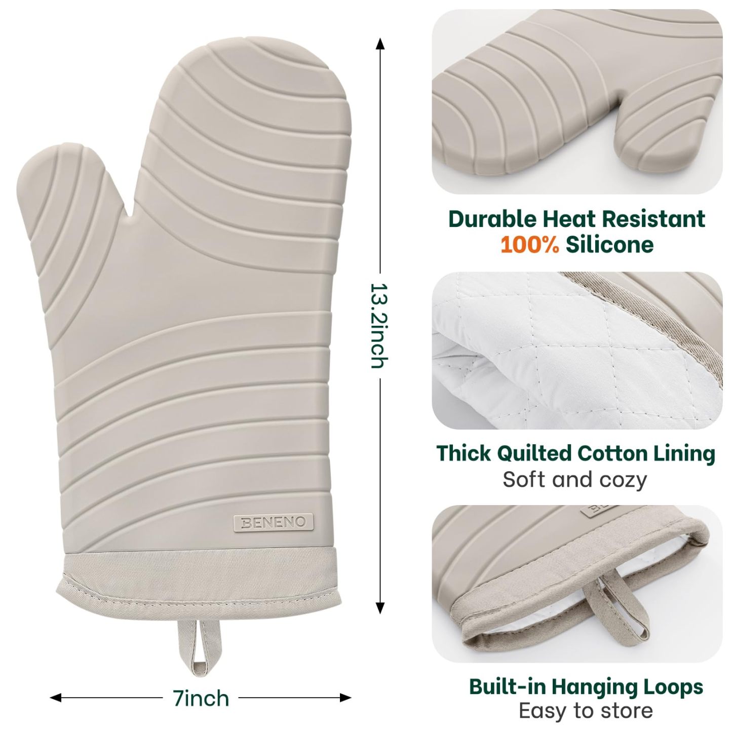 Premium Silicone Oven Mitts 2-Pack Heat Resistant 500°F, Soft Flexible Non-Slip Grips, BPA-Free & Waterproof Oven Mitts with Comfort Cotton Lining for Baking, Grilling, Cooking, 7"x13", Beige