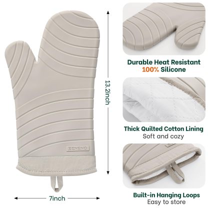 Premium Silicone Oven Mitts 2-Pack Heat Resistant 500°F, Soft Flexible Non-Slip Grips, BPA-Free & Waterproof Oven Mitts with Comfort Cotton Lining for Baking, Grilling, Cooking, 7"x13", Beige