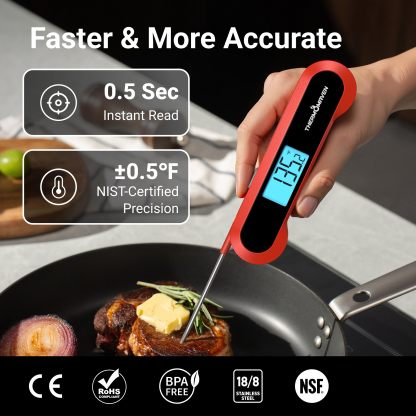 Professional 0.5 Sec Instant-Read-Meat-Thermometer-Digital, NIST Certified ±0.5℉ Accuracy, Auto Rotate Large LCD Display, 100% Waterproof Cooking Thermometer for Grill BBQ Smoker Oven Candy, Red