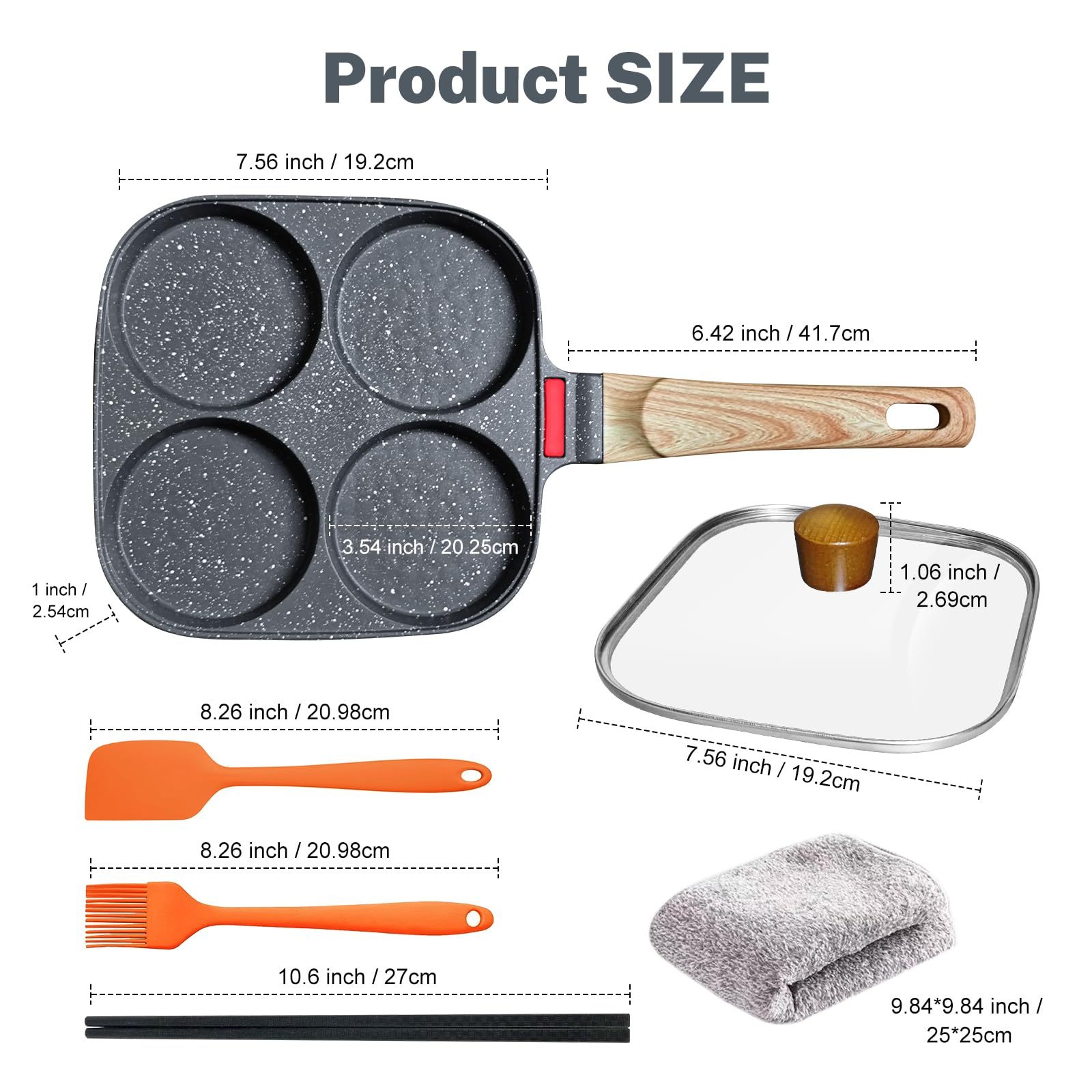 4‑Cup Nonstick Egg Pan Set with Lid – Aluminum Omelette Skillet for Breakfast, Includes Silicone Scraper, Oil Brush, Chopsticks & Cleaning Cloth – Compatible with Gas & Induction Cooktops