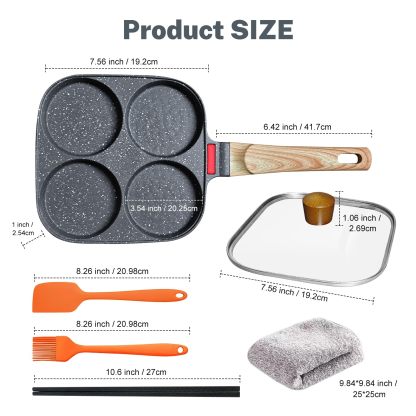 4‑Cup Nonstick Egg Pan Set with Lid – Aluminum Omelette Skillet for Breakfast, Includes Silicone Scraper, Oil Brush, Chopsticks & Cleaning Cloth – Compatible with Gas & Induction Cooktops