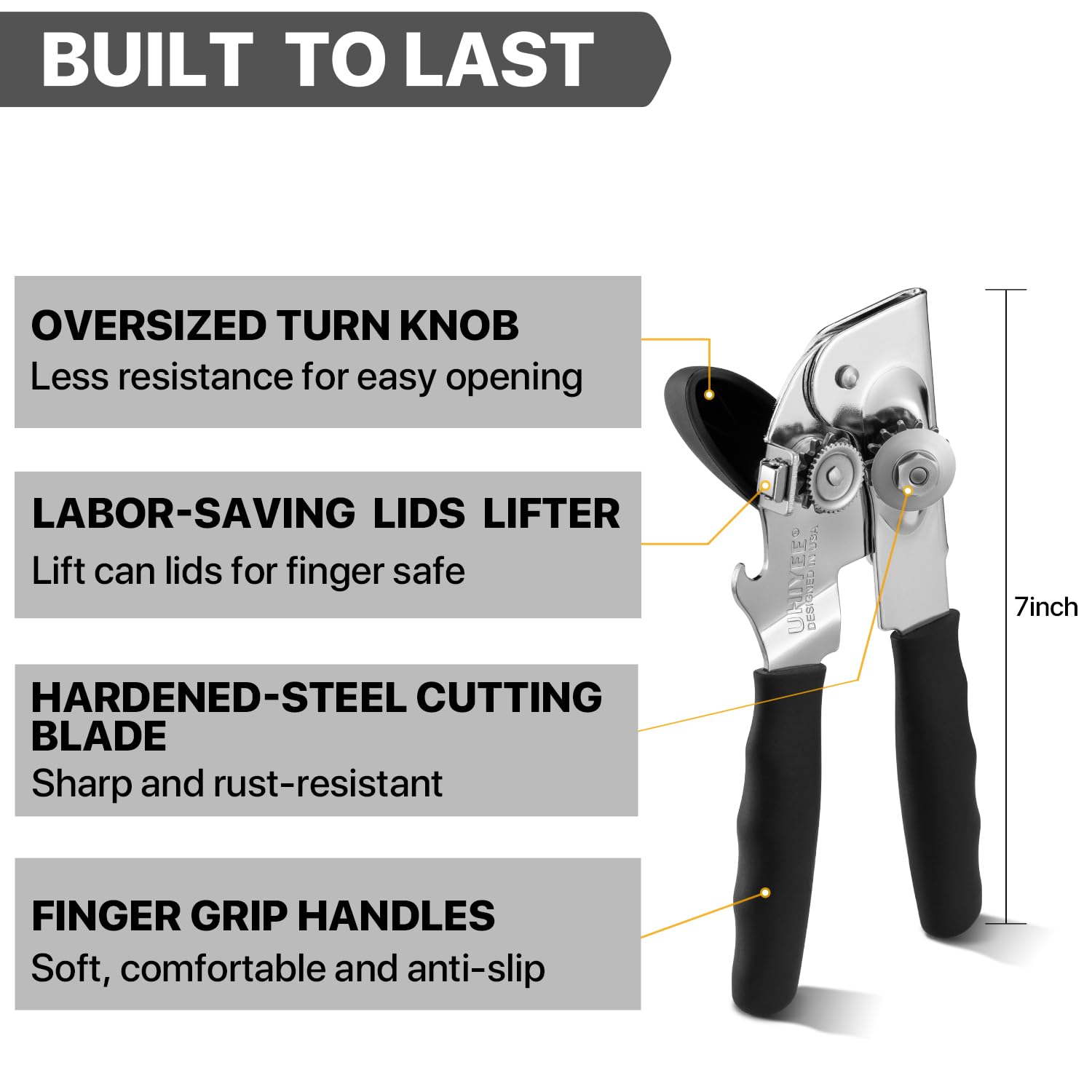 Can Opener Manual Heavy Duty, UHIYEE Hand Held Can Openers for Seniors with Comfort Grip Sharp Blade, Solid Steel Hand Manual Can Open with Magnet for Kitchen Camping, Black