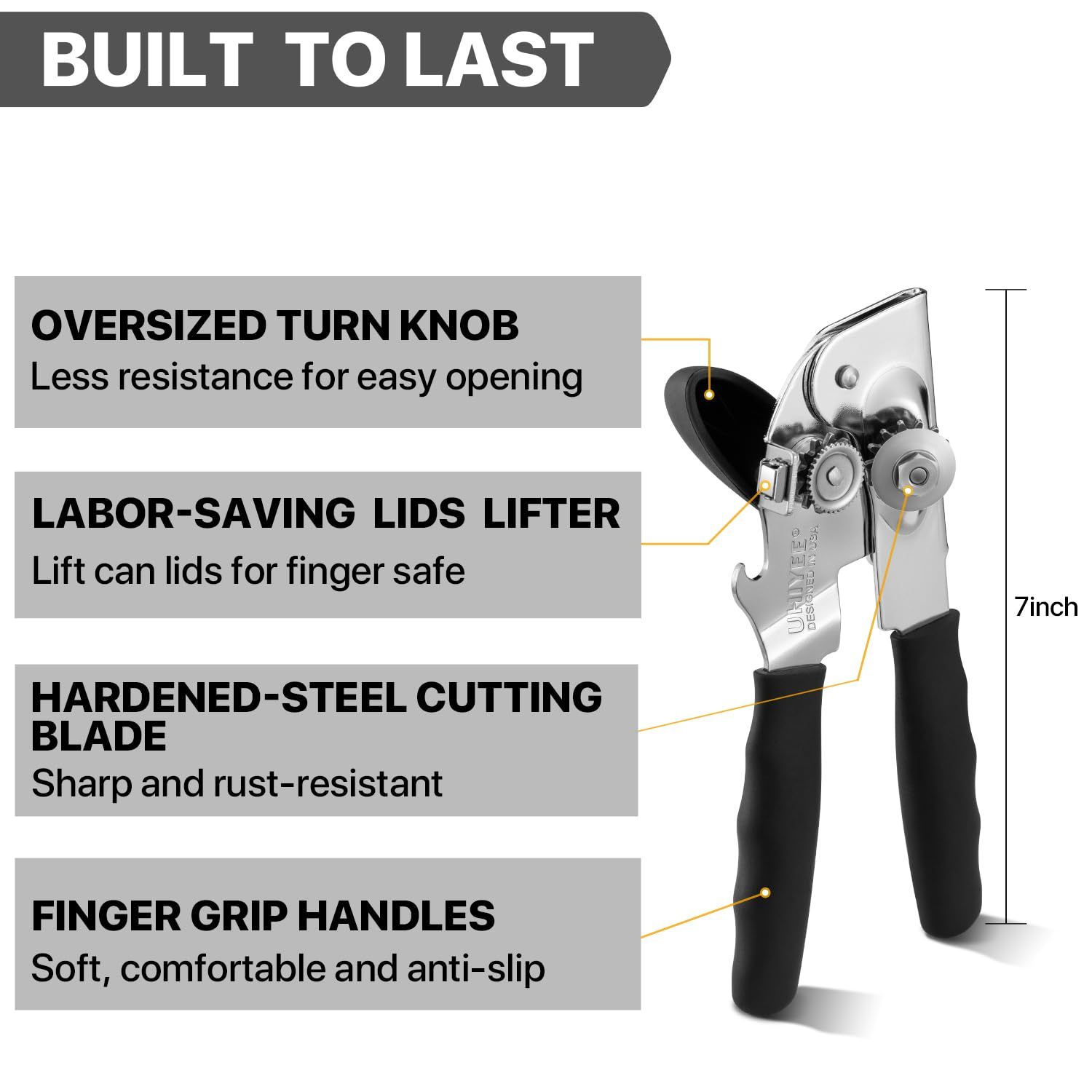 Can Opener Manual Heavy Duty, UHIYEE Hand Held Can Openers for Seniors with Comfort Grip Sharp Blade, Solid Steel Hand Manual Can Open with Magnet for Kitchen Camping, Black