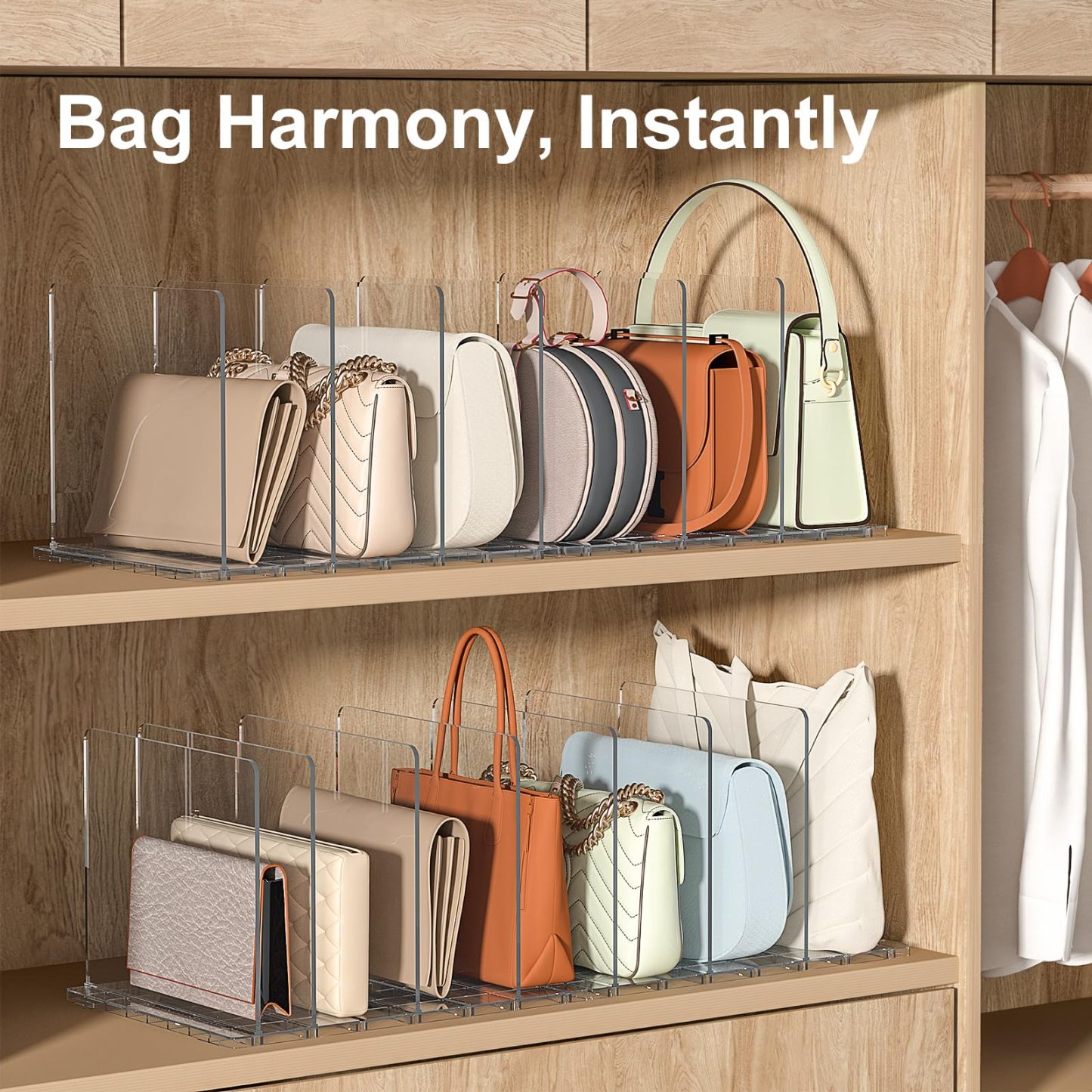 Bag & Purse Organizer for Closet: Adjustable Clear Handbag Storage Shelf - Plastic Clutch Dividers for Closet Organizers and Storage - Keep Carteras & Pocketbook Upright