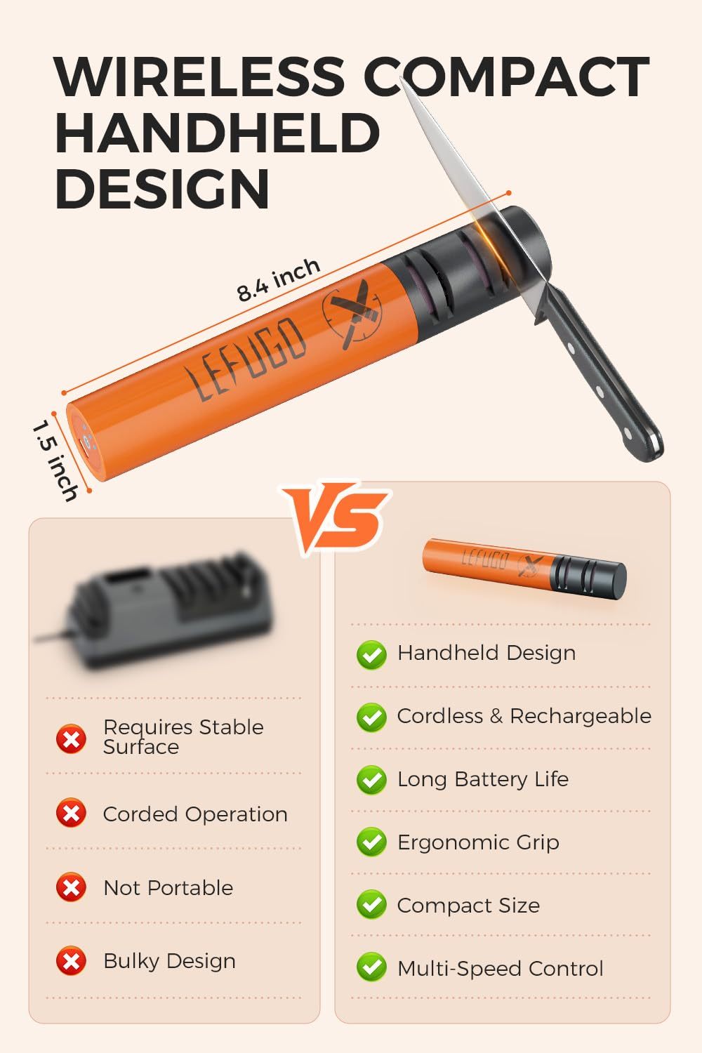 Electric Knife Sharpener, 3 Speed Max 7000RPM Handheld Sharpener for Kitchen Knives, the Electric Knife Sharpening Tool of Portable Cordless Rechargeable 2000mAh (Orange)