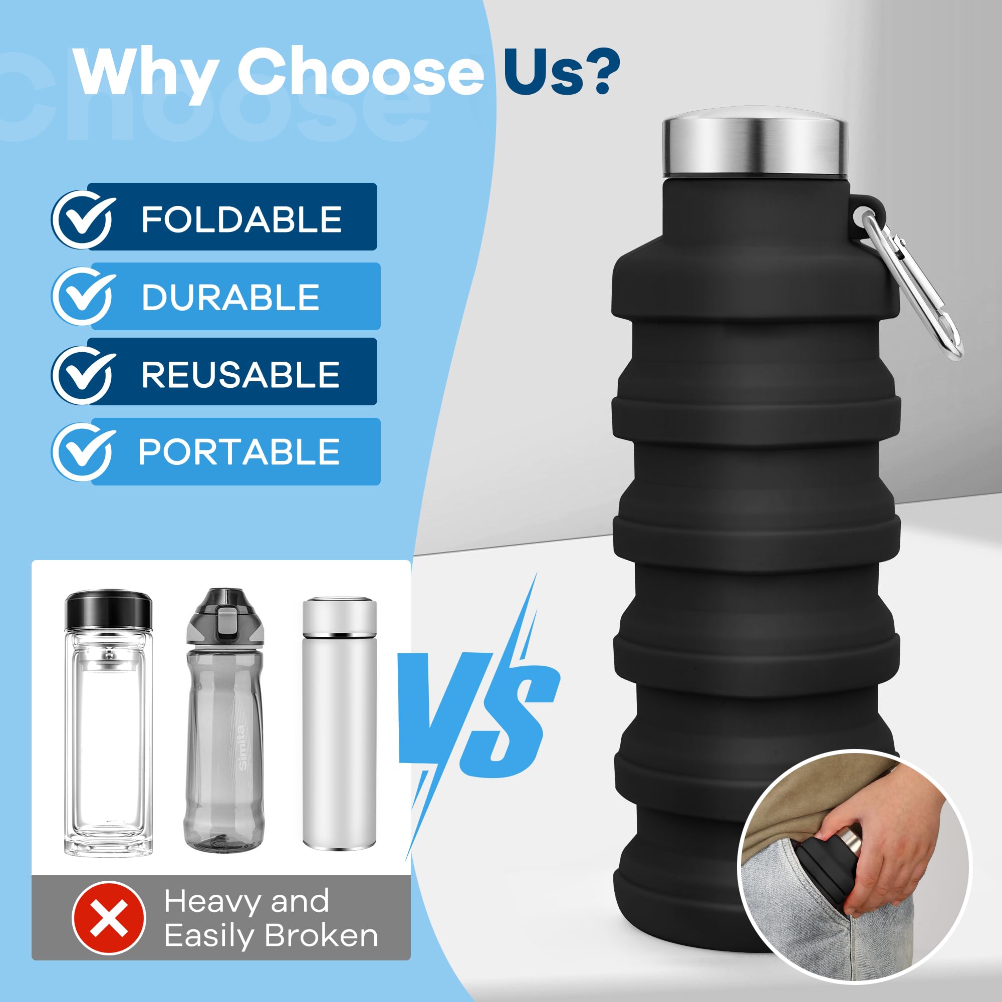 Collapsible Water Bottles 17oz, Portable Leak-Proof Travel Water Bottle, Reuseable BPA Free Silicone Foldable Water Bottle with Carabiner for Gym, Traveling, Camping, Hiking, Sports-Black