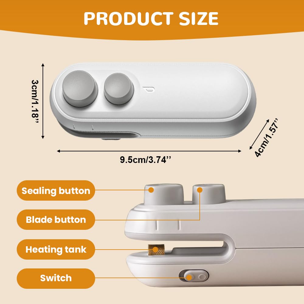 Mini Bag Sealer, 2025 Upgraded 2 in 1 Mini Bag Sealer with Cutter and Magnet, Rechargeable Mini Bags Sealer Portable Resealer Machine for Snack Plastic Bags Food Storage Travel 