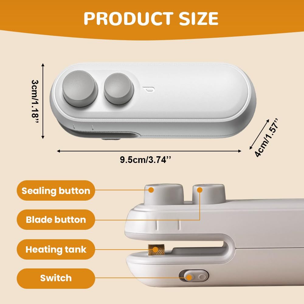 Mini Bag Sealer, 2025 Upgraded 2 in 1 Mini Bag Sealer with Cutter and Magnet, Rechargeable Mini Bags Sealer Portable Resealer Machine for Snack Plastic Bags Food Storage Travel 