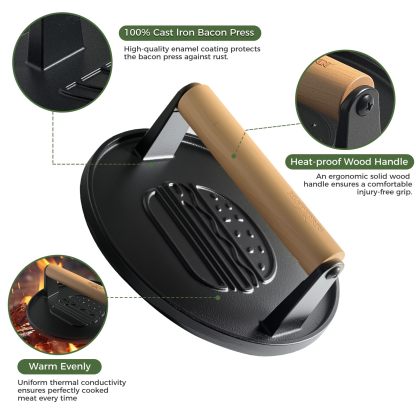 Cast Iron Smash Burger Press 7.1",Grill Bacon Meat Press Tool,Perfect for Blackstone, Camp Chef, Weber Grills & Indoor Griddles – BBQ & Cookout Must-Have (Round -Grooved)