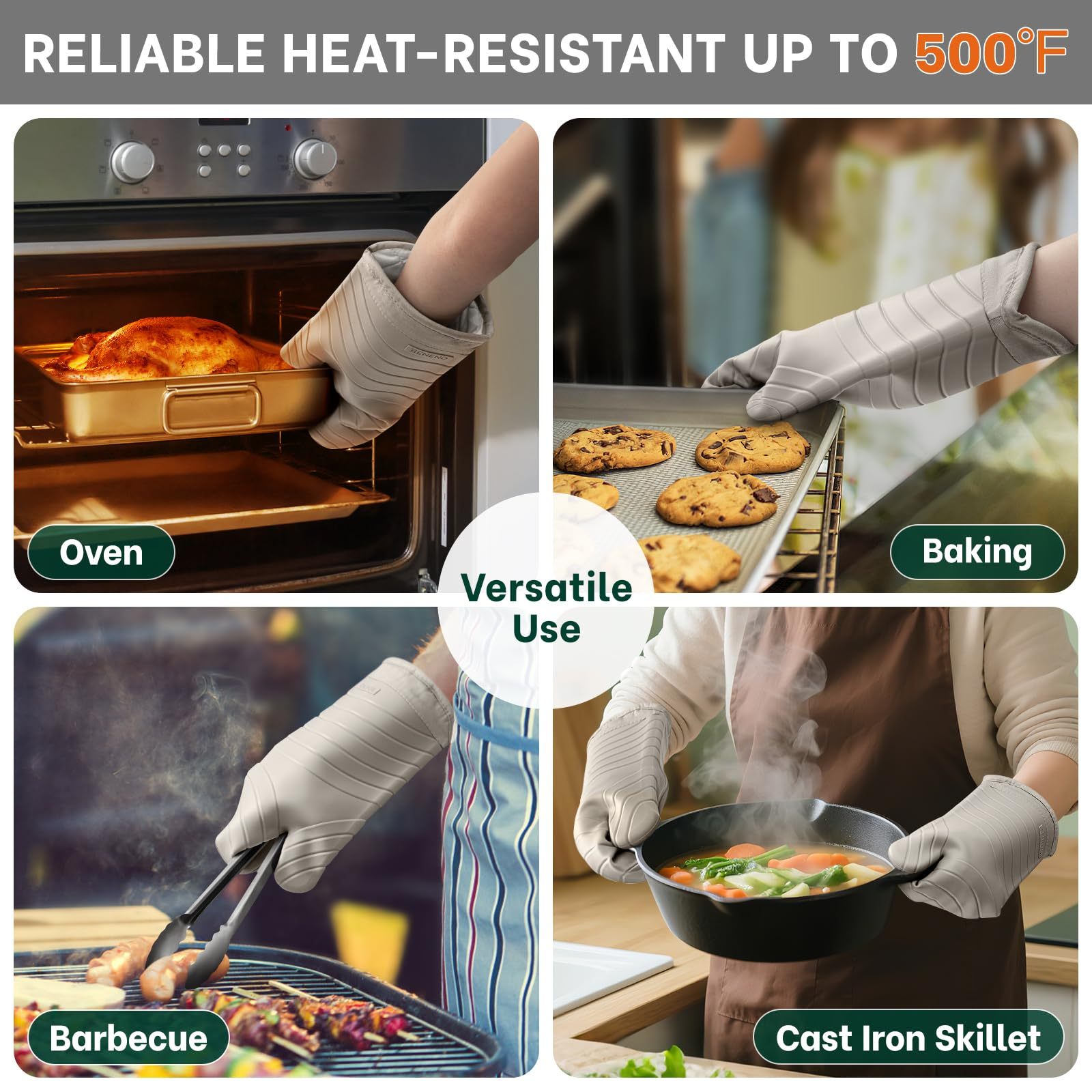 Premium Silicone Oven Mitts 2-Pack Heat Resistant 500°F, Soft Flexible Non-Slip Grips, BPA-Free & Waterproof Oven Mitts with Comfort Cotton Lining for Baking, Grilling, Cooking, 7"x13", Beige