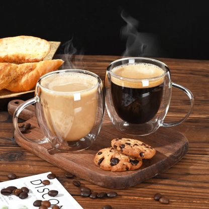 Espresso Cups Set of 2, Double Walled Glass Coffee Mugs 5 oz, Clear Insulated Glass Coffee Cups, Expresso Shots Cup with Handle, Clear Coffee Mug, Espresso Shot Cups, Glass Cups