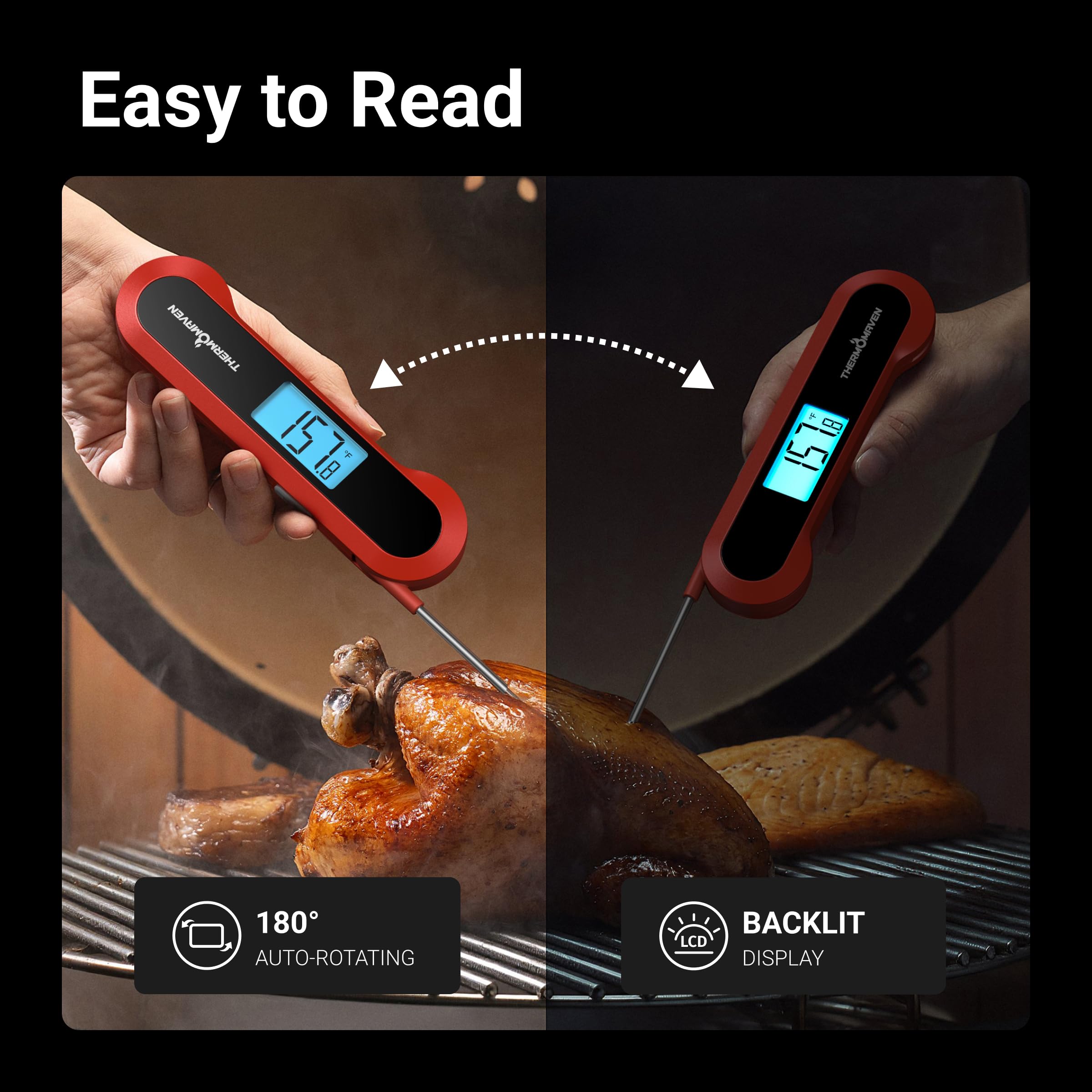 Professional 0.5 Sec Instant-Read-Meat-Thermometer-Digital, NIST Certified ±0.5℉ Accuracy, Auto Rotate Large LCD Display, 100% Waterproof Cooking Thermometer for Grill BBQ Smoker Oven Candy, Red