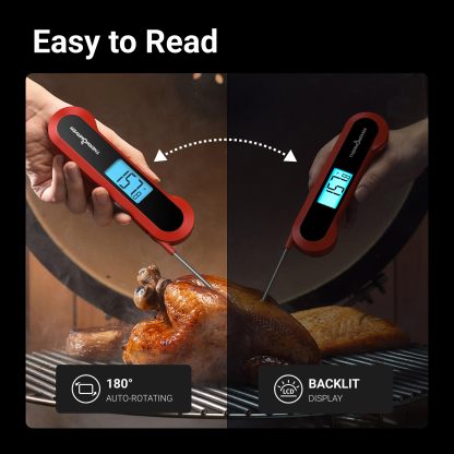 Professional 0.5 Sec Instant-Read-Meat-Thermometer-Digital, NIST Certified ±0.5℉ Accuracy, Auto Rotate Large LCD Display, 100% Waterproof Cooking Thermometer for Grill BBQ Smoker Oven Candy, Red